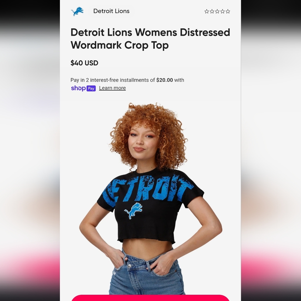 NWT Detroit Lions Womens Distressed Wordmark Crop Top